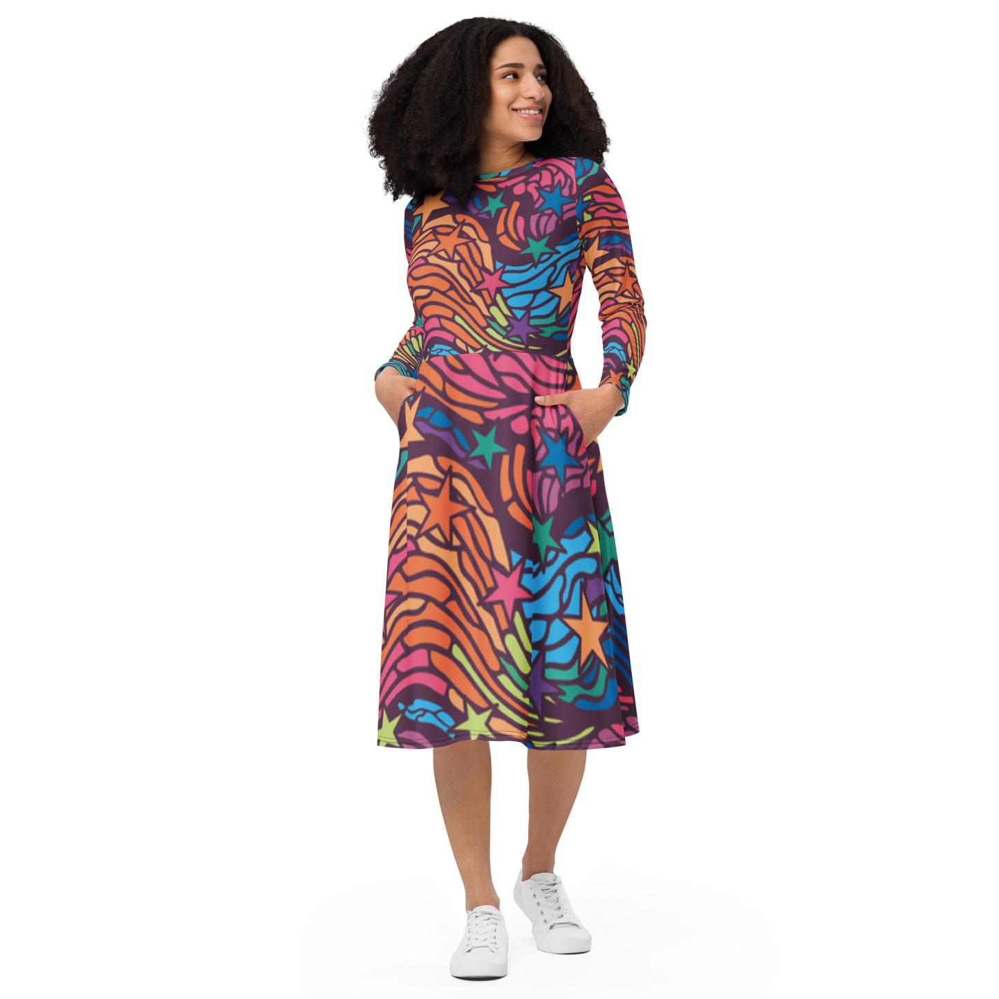 Shine Bright- All-over print long sleeve midi dress
