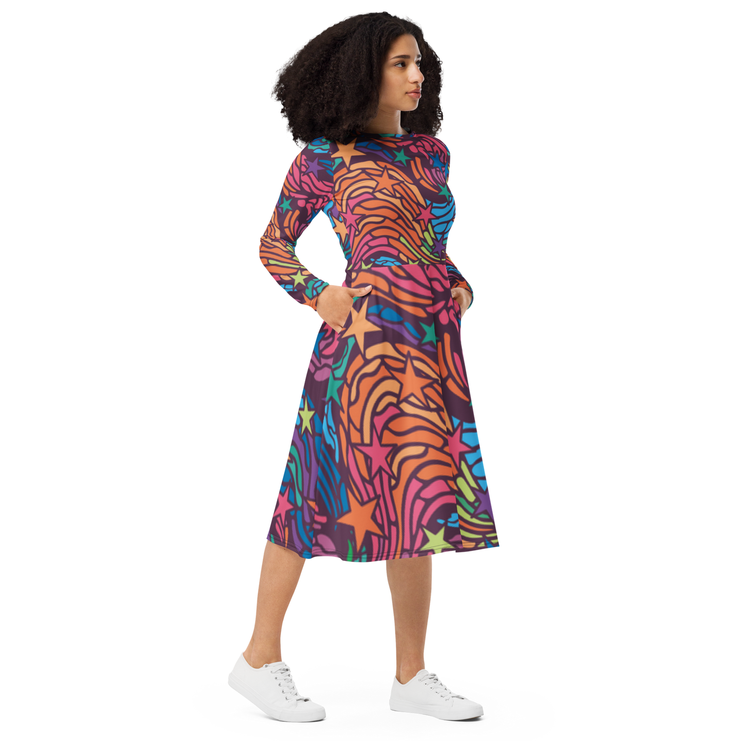 Shine Bright- All-over print long sleeve midi dress